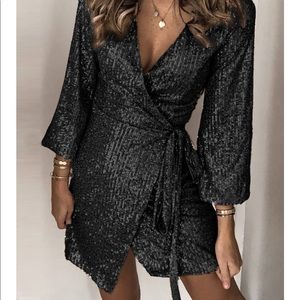 Roaekini black sequin wrap dress